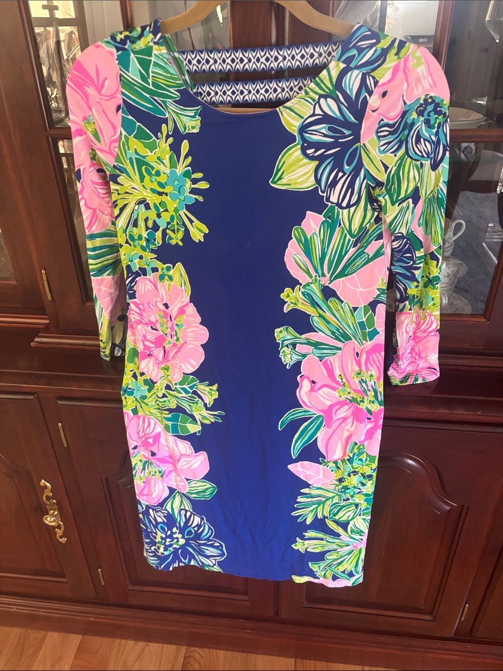 Lilly Pulitzer Navy Shift Dress with Pink & Green Floral Print